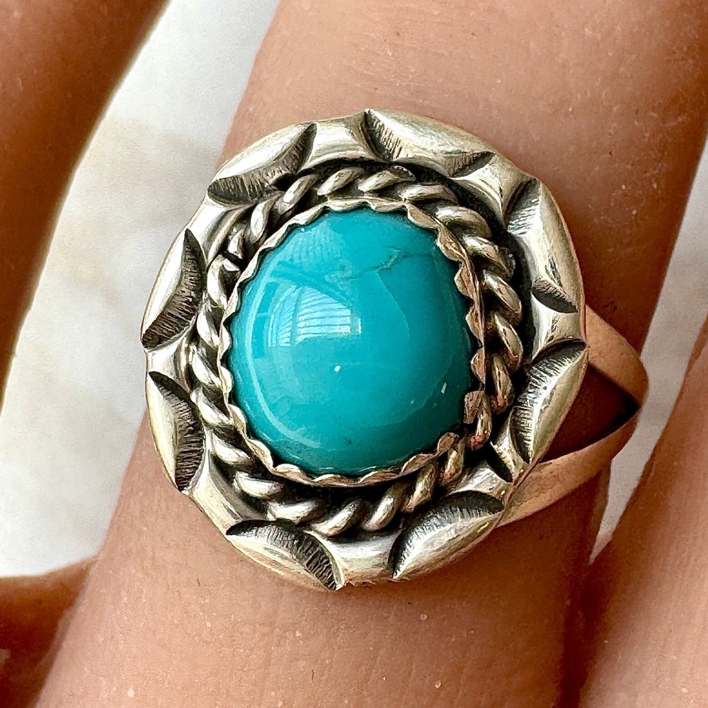 Navajo Turquoise Ring Sz 6.5 Sterling Begay Native American Tooled‎ Rope Bezel